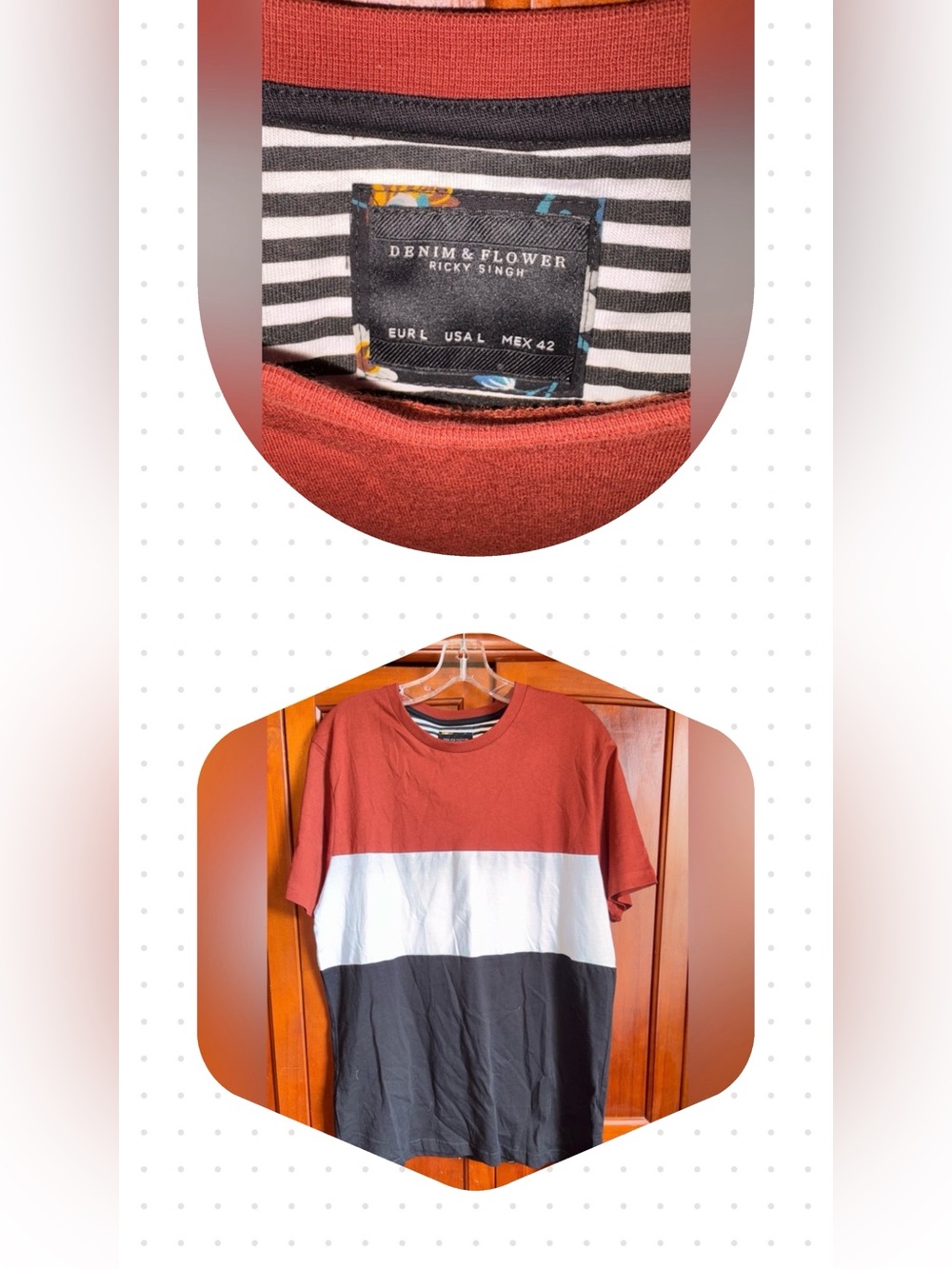 Denim & Flower‎ Men's Colorblock Tee - Red, White, Black NWOT #1010